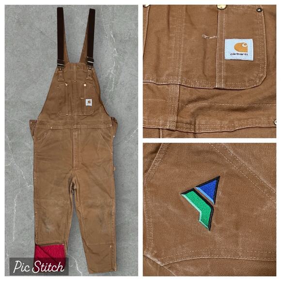 Carhartt Duck Bib Overalls Sz 38x28 Double Knee Red Quilt Canvas Lined Workwear - Picture 1 of 9